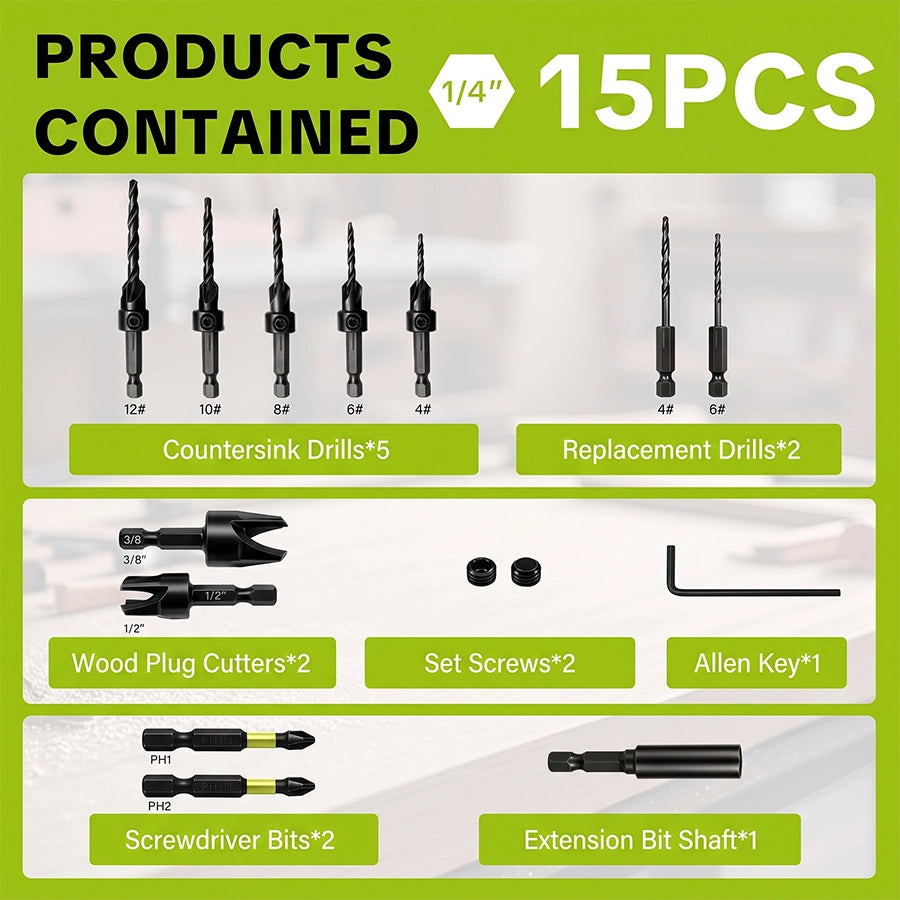 15-Piece Hex-Shank Countersink Drill Bit Set in Green Case