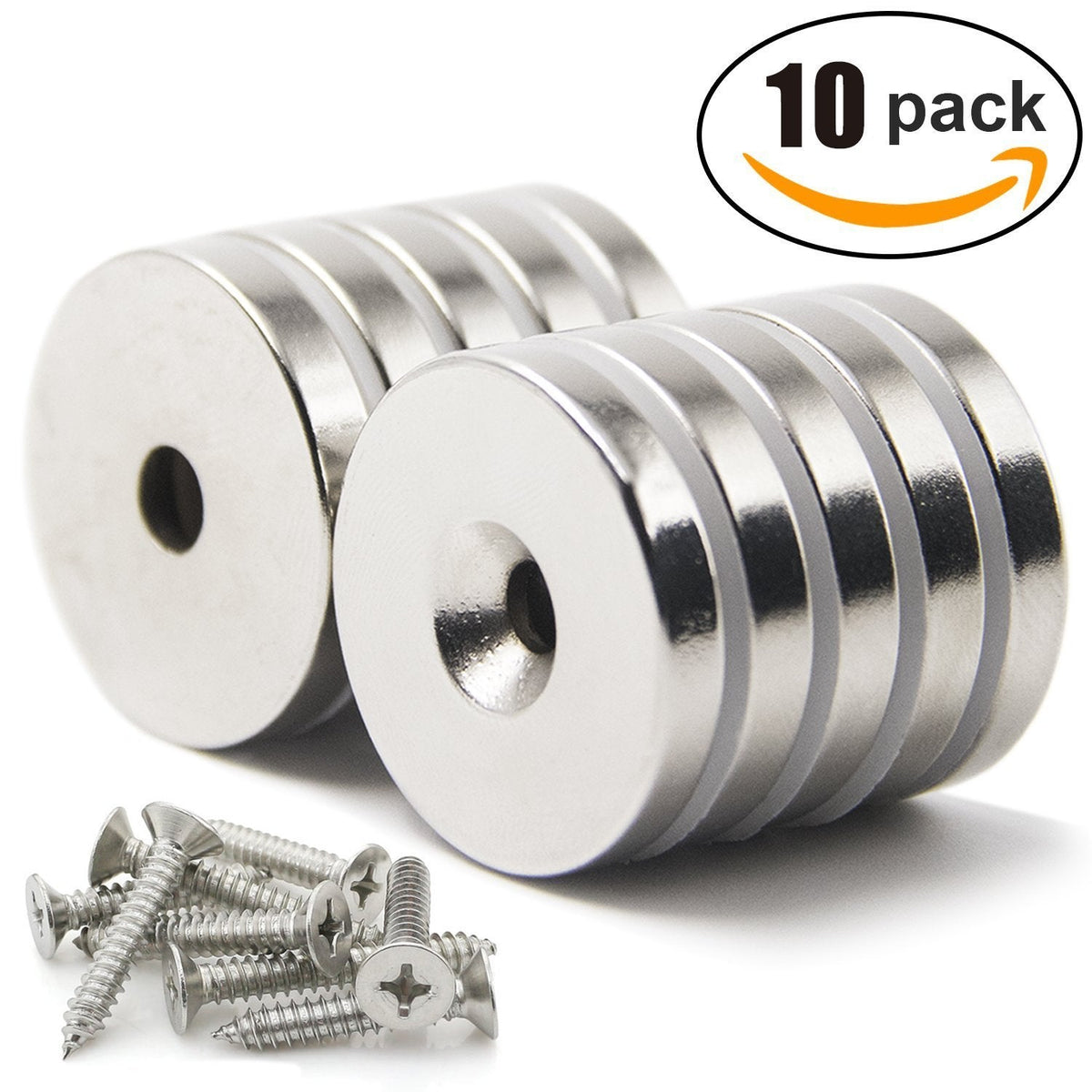 20 mm Countersunk Disc Magnets with Mounting Screws, 10-Pack
