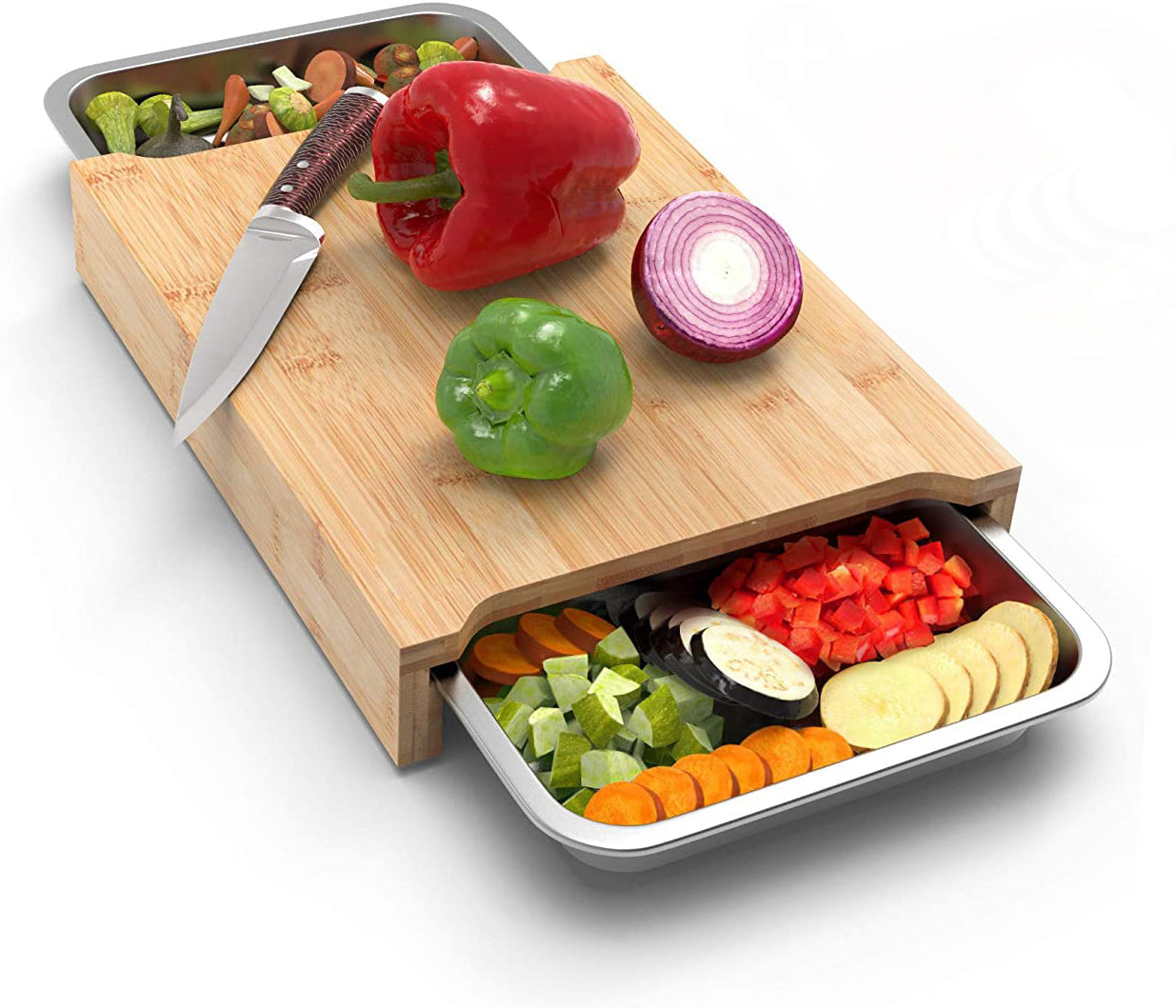 Bamboo Cutting Board with 2 Stainless Steel Trays – Beige
