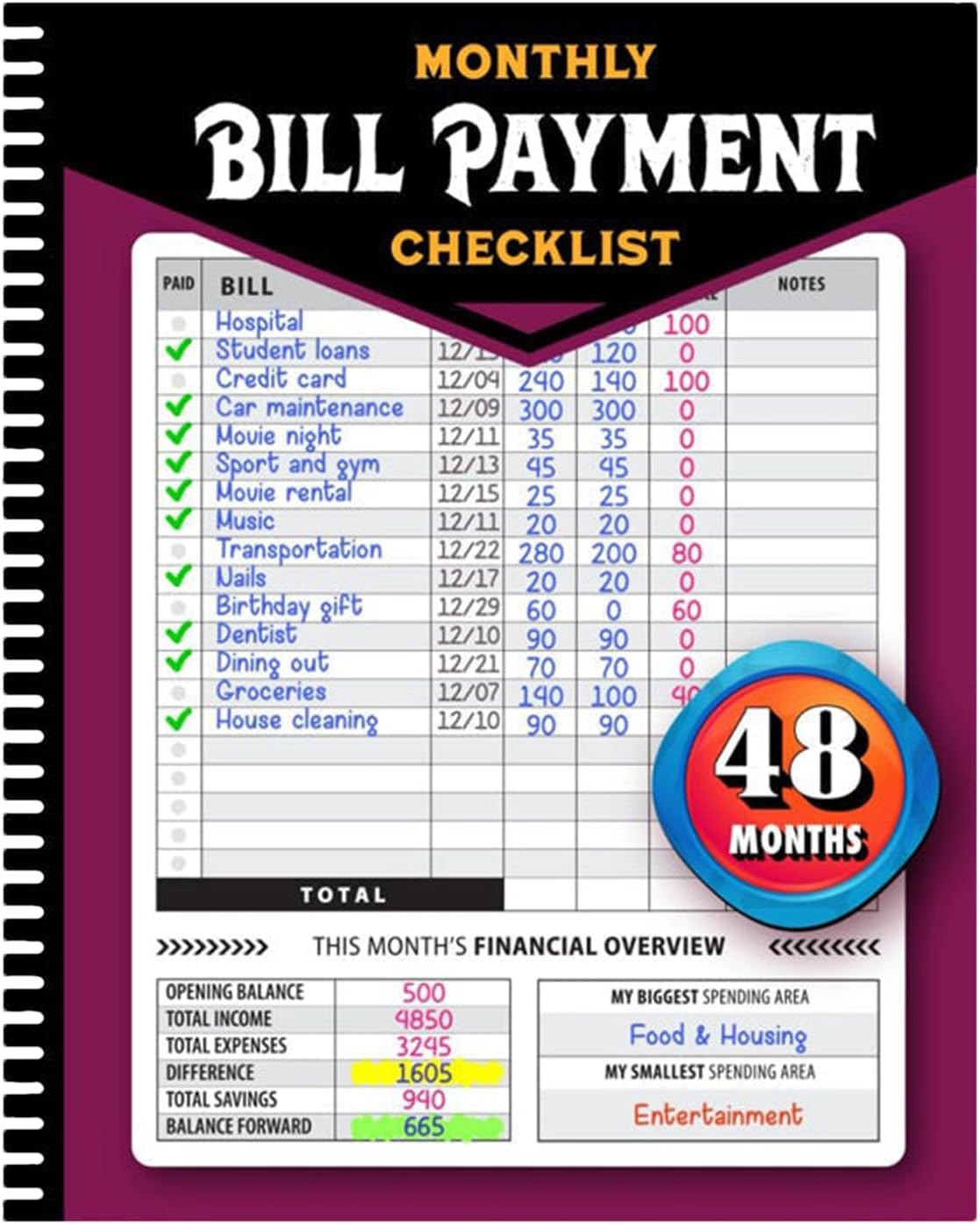 Four-Year Monthly Bill Payment Tracker Notebook