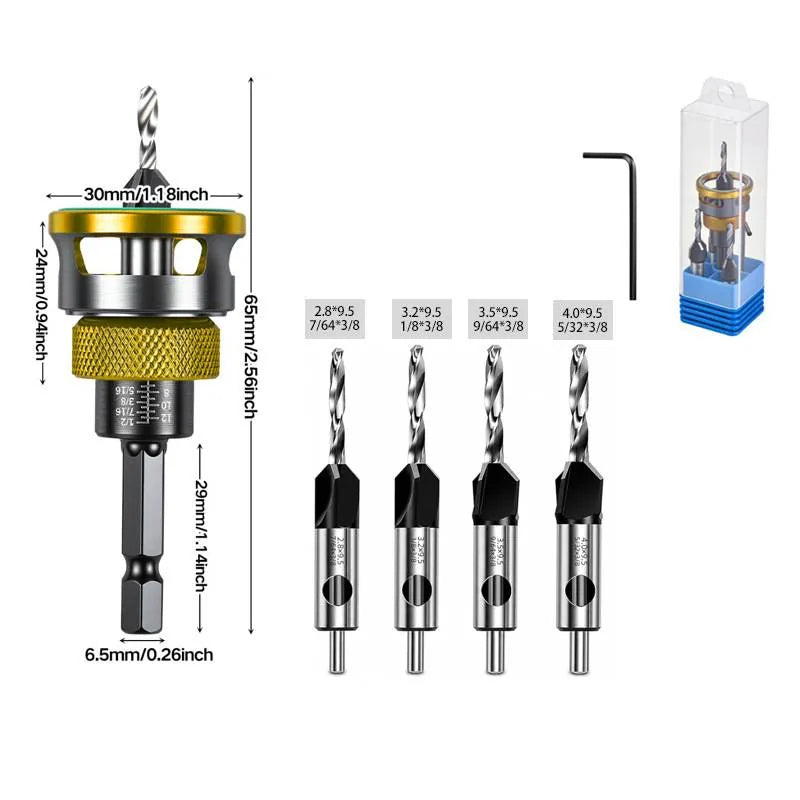 4-Piece Countersink Drill Bit Set with Depth Stops
