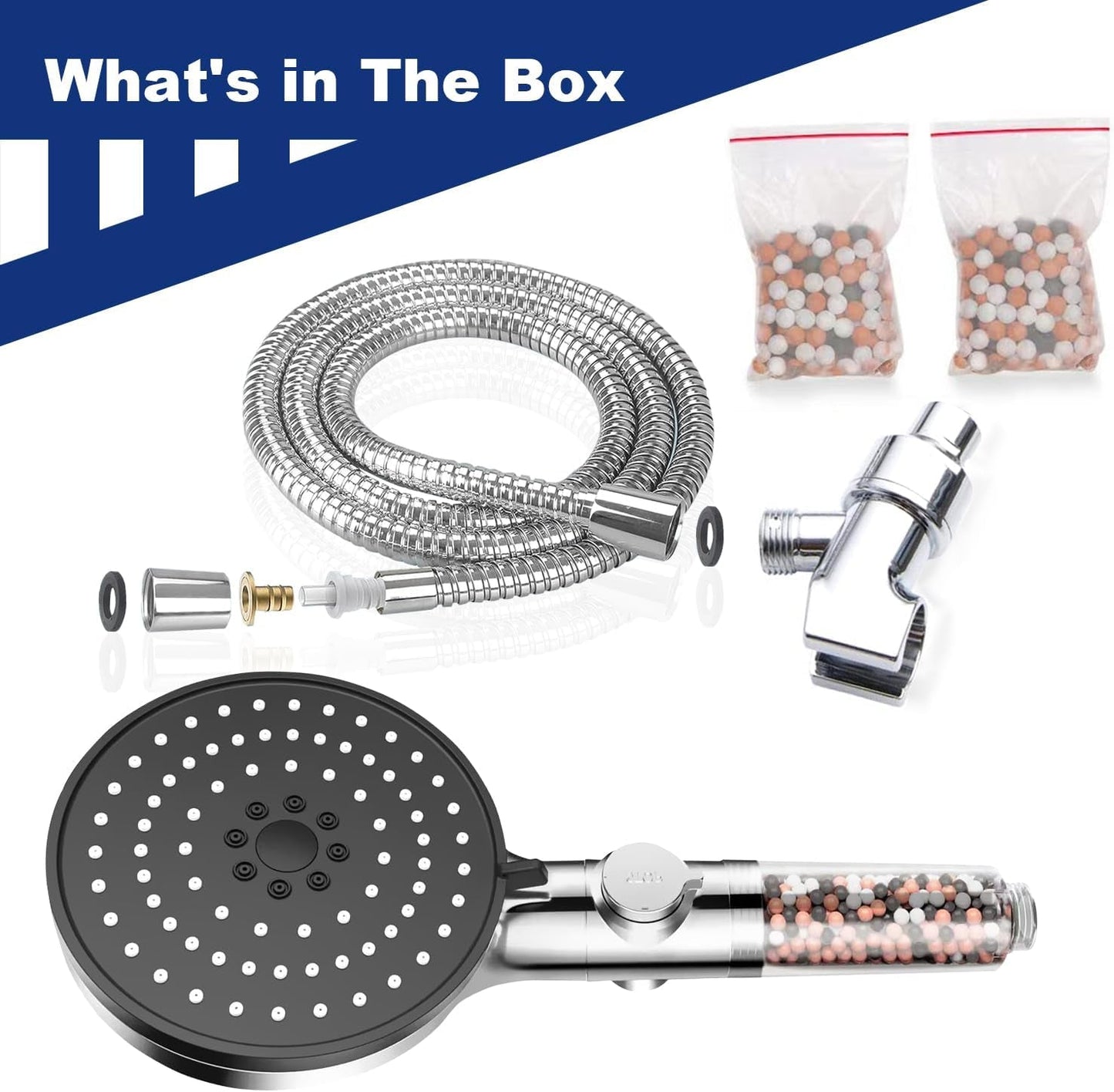 High-Pressure Mineral Shower Head with Bead Filter | 5 Spray Modes + Pause Function | Includes 70" Hose & Bracket