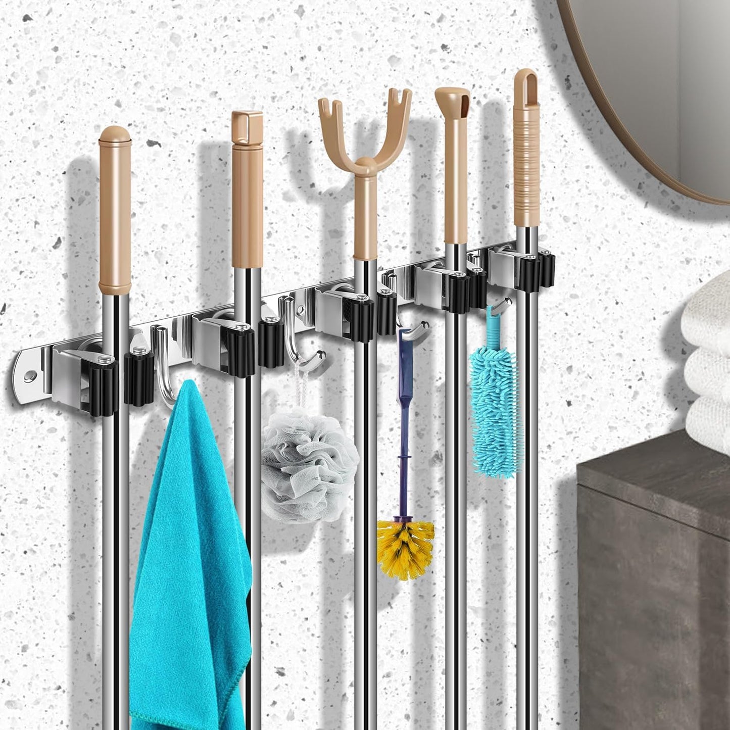Wall-Mounted Mop and Broom Organizer – 5 Slots, 4 Hooks – product image 2