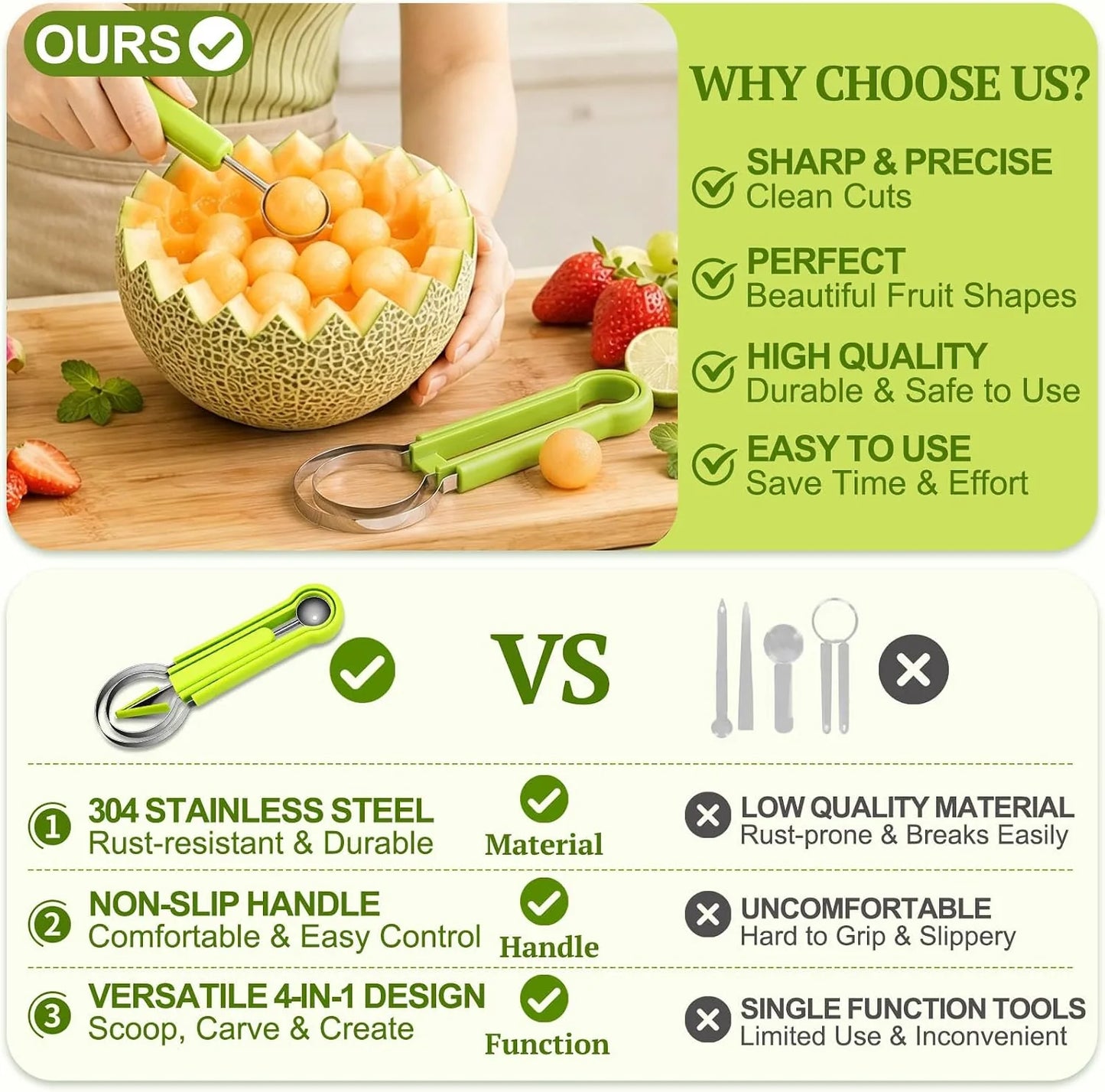 3-in-1 Stainless Steel Melon Baller and Fruit Tool Set
