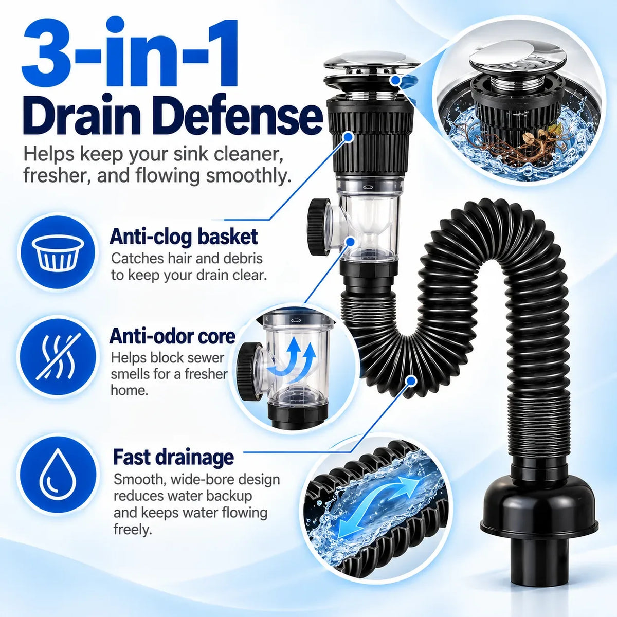 Flexible Pop-Up Sink Drain Kit in White or Gray – image 3