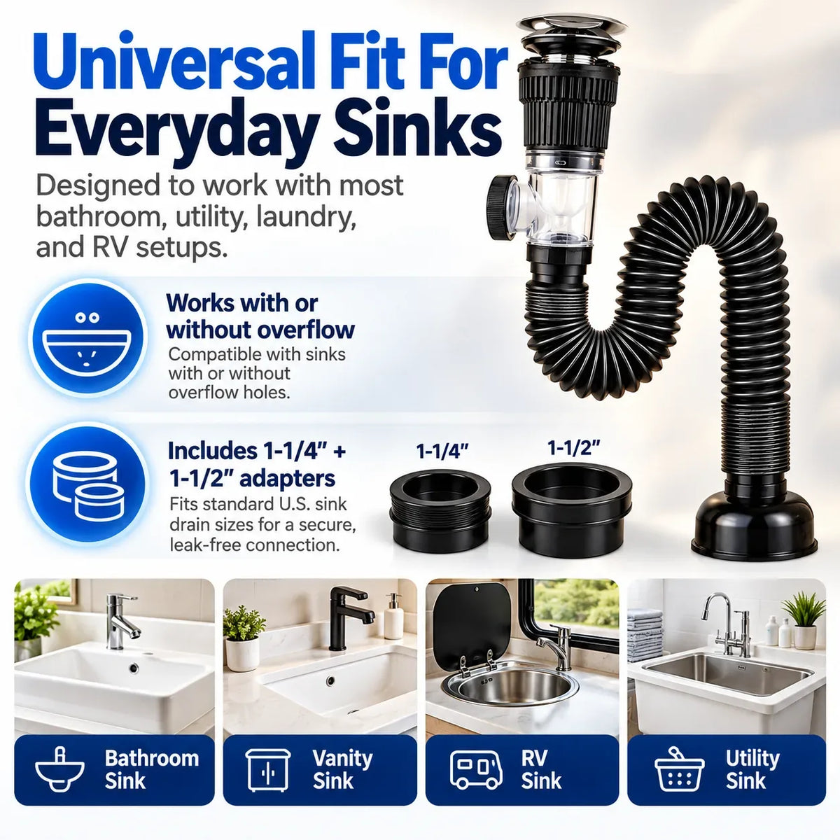 Flexible Pop-Up Sink Drain Kit in White or Gray – image 4