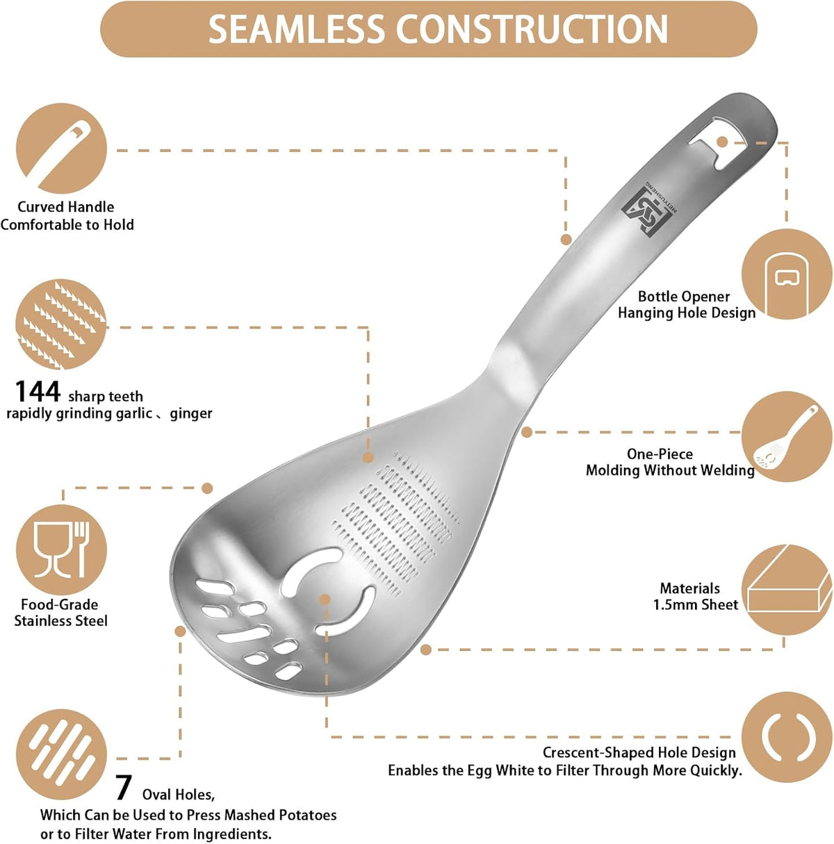 430 Stainless Steel Multi-Use Kitchen Spoon for Straining and Mashing