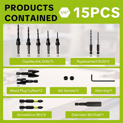 15-Piece Hex-Shank Countersink Drill Bit Set in Green Case