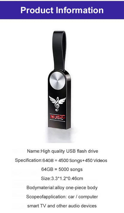 Flash Drives Thumb Drives for stereos, TVs, Phones and Tablets (64GB = 4500 Songs+450 Videos)