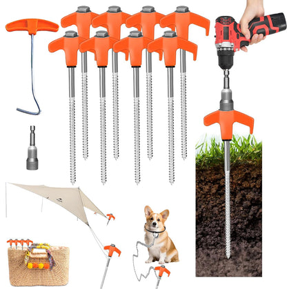 10 Pack 8” Screw in Tent Stakes Heavy Duty- Ground Anchors Screw