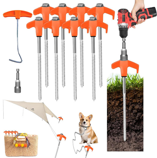 10 Pack 8” Screw in Tent Stakes Heavy Duty- Ground Anchors Screw