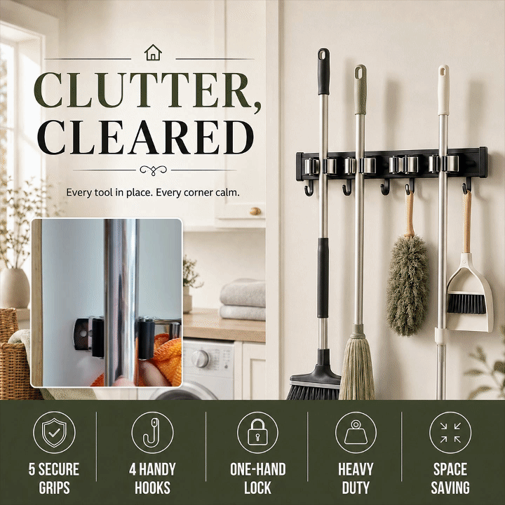 Wall-Mounted Mop and Broom Organizer – 5 Slots, 4 Hooks