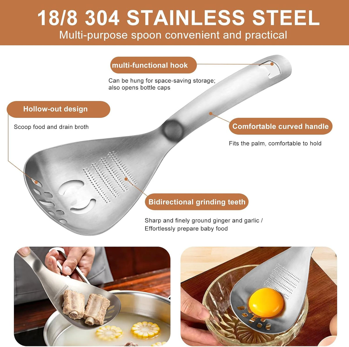 430 Stainless Steel Multi-Use Kitchen Spoon for Straining and Mashing
