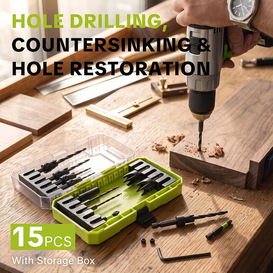15-Piece Hex-Shank Countersink Drill Bit Set in Green Case