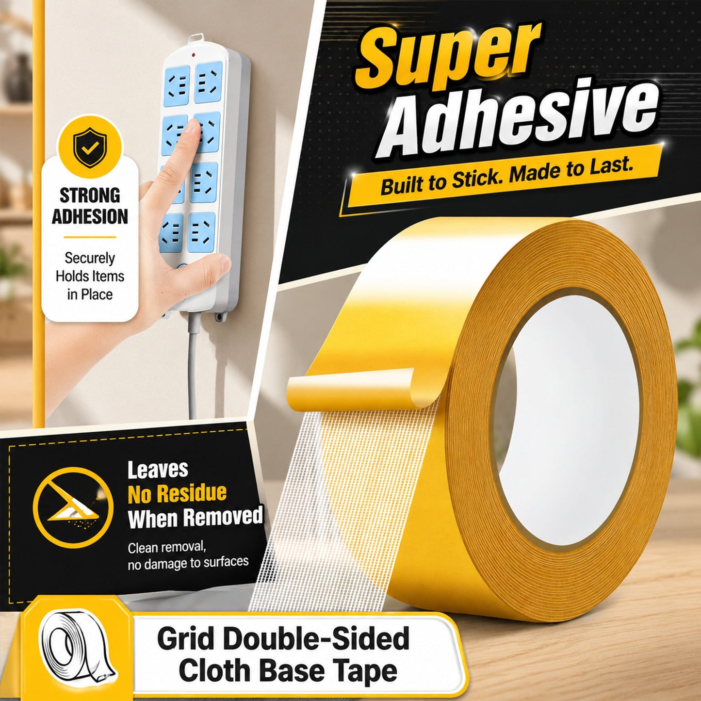 Heavy Duty Removable Double Sided Tape for Home Carpet and Wall Use-3 PCS