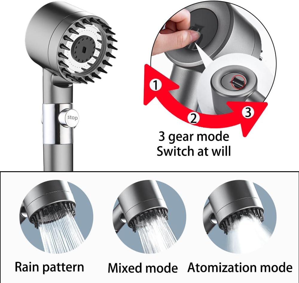 Shower Head with Handheld. Shower Heads High Pressure.3 Modes Filtered Showerhead Water Saving with 59″Replacement Hose/Bracket/Cotton Filters