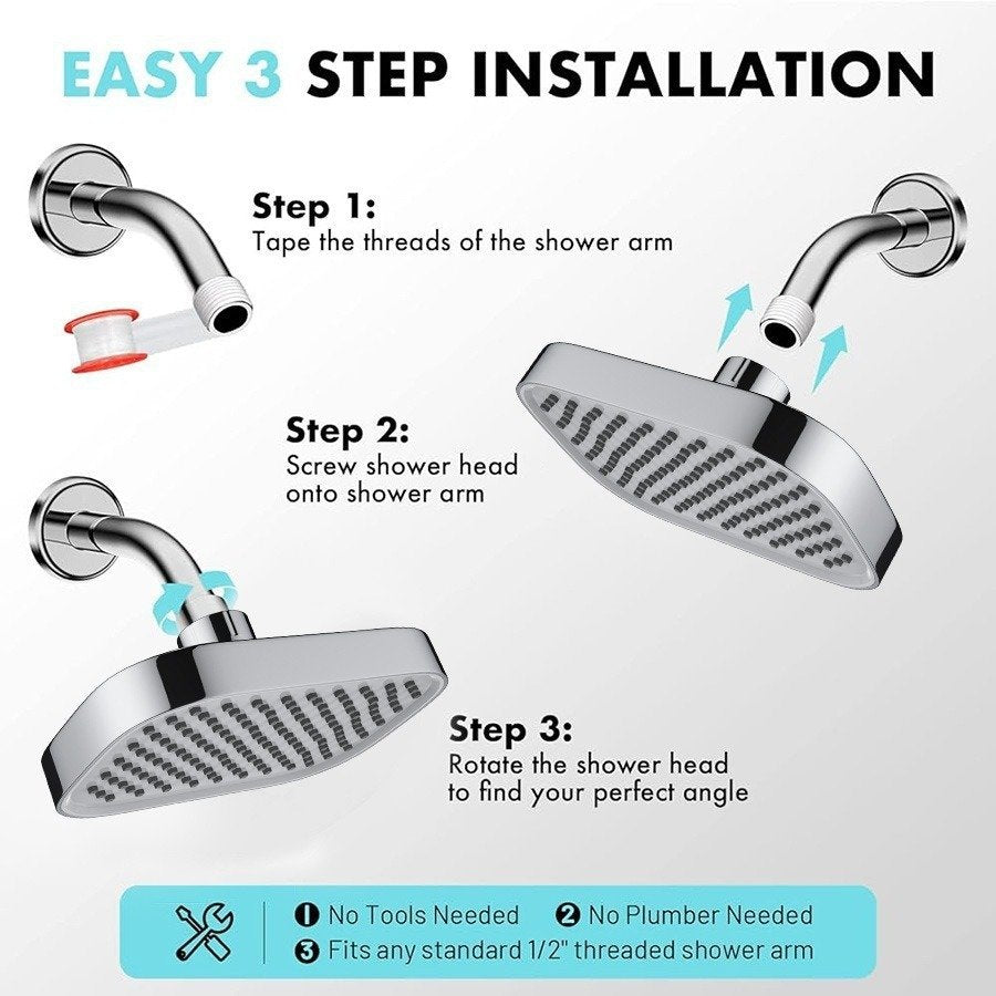 6-Inch Rainfall Handheld Shower Head with High-Pressure Flow, 3-Step Easy Installation & Flexible Hose