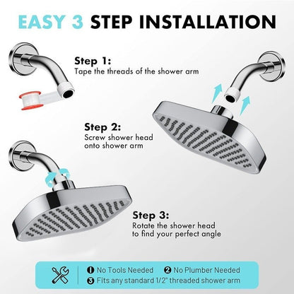 6-Inch Rainfall Handheld Shower Head with High-Pressure Flow, 3-Step Easy Installation & Flexible Hose