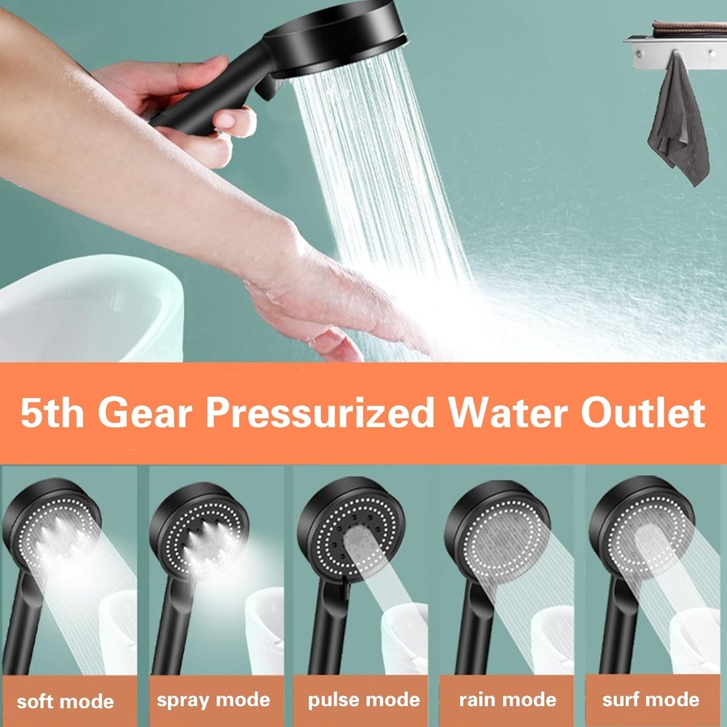 Black Shower Head. 5 Spray Modes Detachable Showerhead High Pressure Shower Heads. Multifunctional Universal Interface