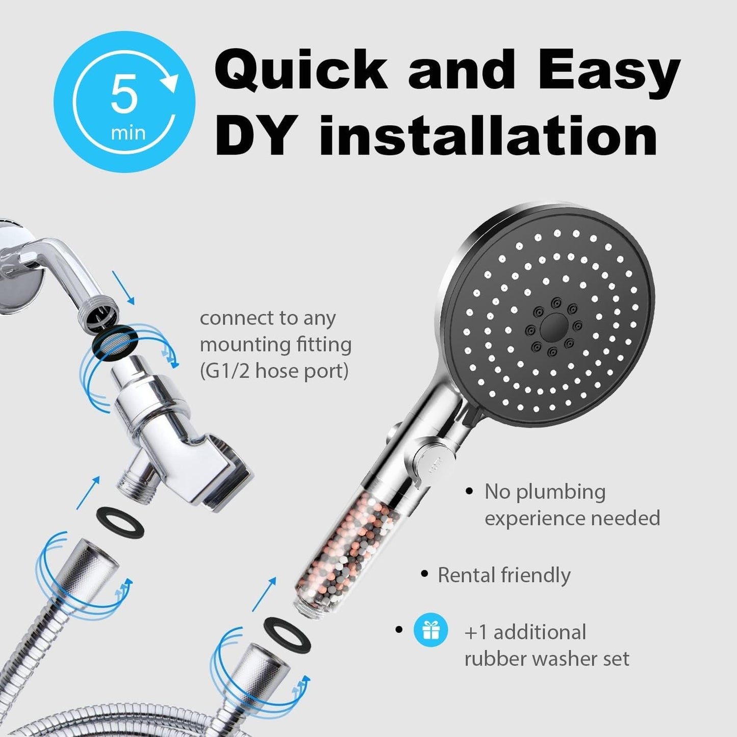 High-Pressure Mineral Shower Head with Bead Filter | 5 Spray Modes + Pause Function | Includes 70" Hose & Bracket