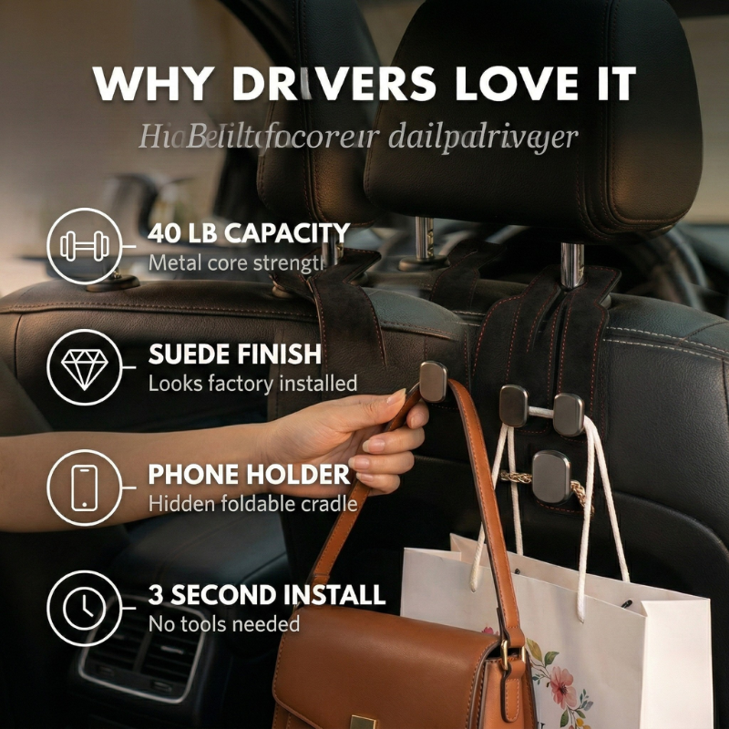 Alcantara Suede Dual Hook & Phone Holder for Car Headrest