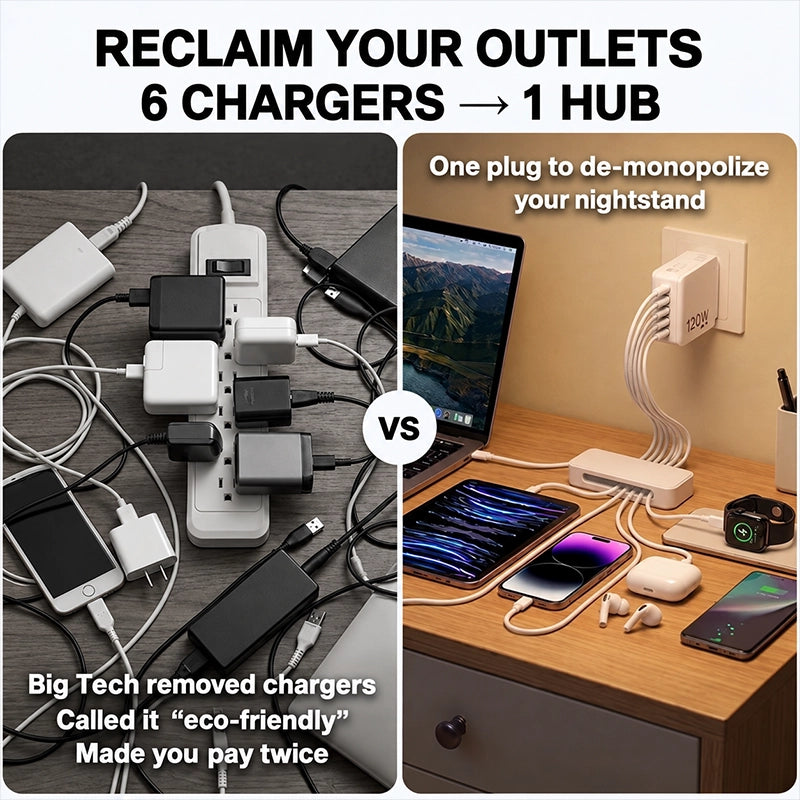 Six-Port USB and USB-C Wall Charger for Multi-Device Charging
