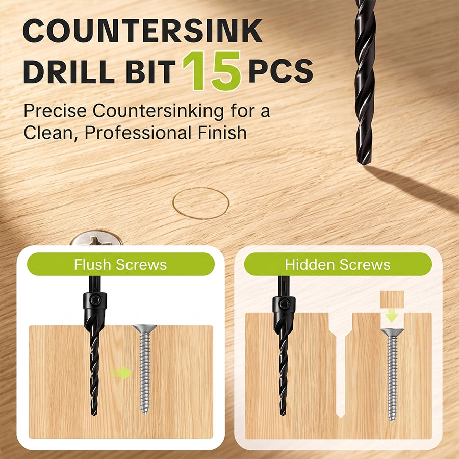 15-Piece Hex-Shank Countersink Drill Bit Set in Green Case