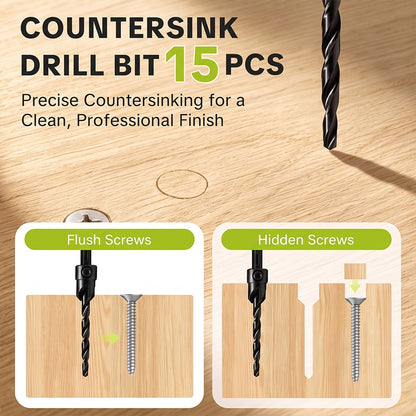 15-Piece Hex-Shank Countersink Drill Bit Set in Green Case