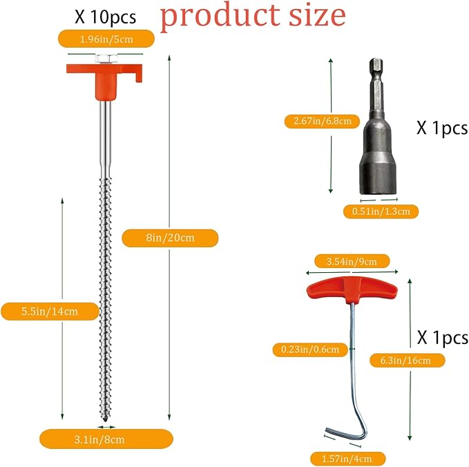 10 Pack 8” Screw in Tent Stakes Heavy Duty- Ground Anchors Screw