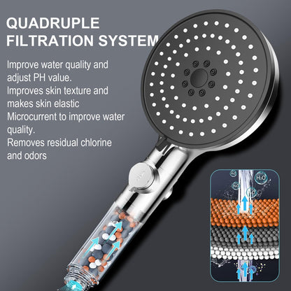 High-Pressure Mineral Shower Head with Bead Filter | 5 Spray Modes + Pause Function | Includes 70" Hose & Bracket