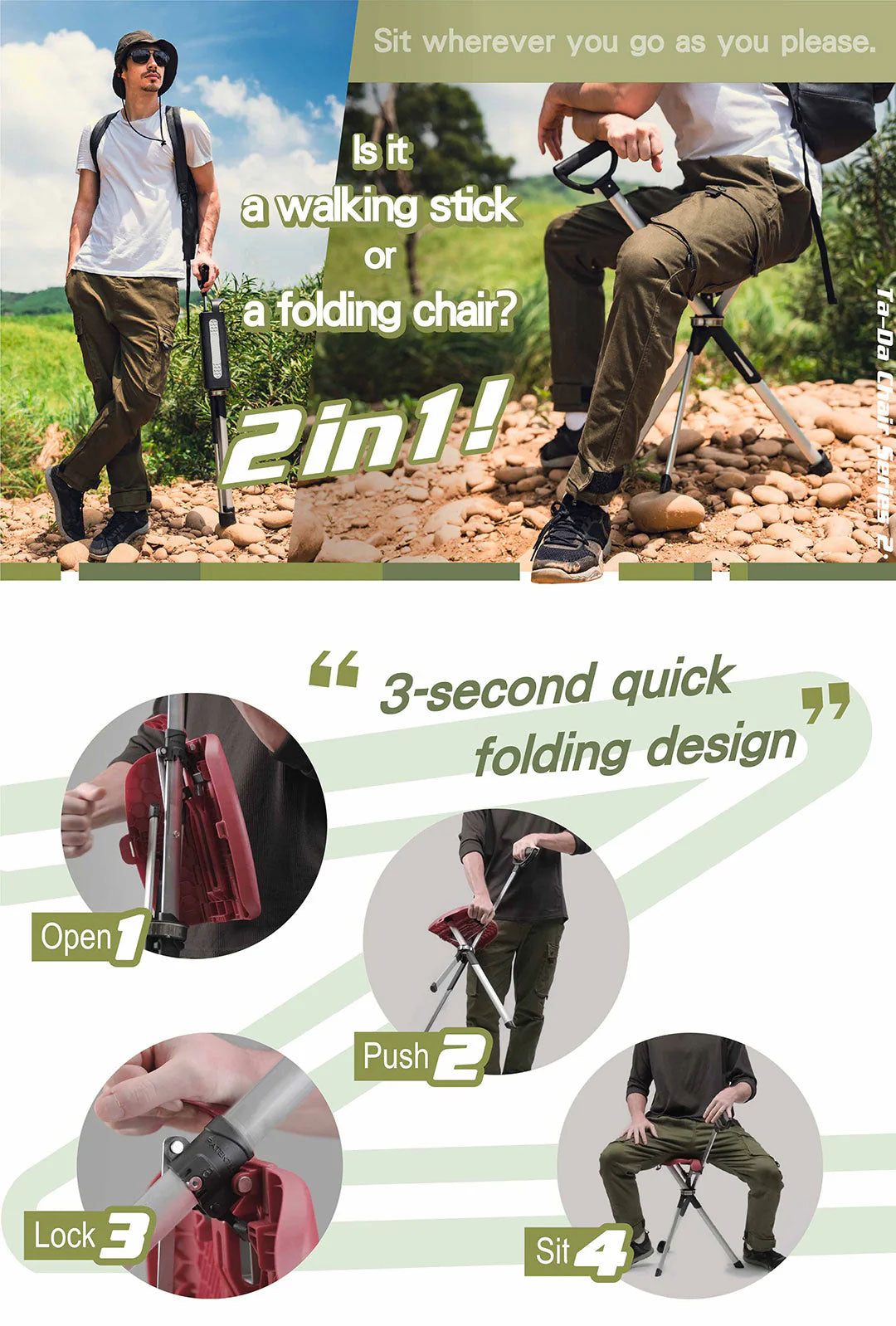 Elarohome S2 | 2-in-1 Portable Folding Seat & Walking Stick