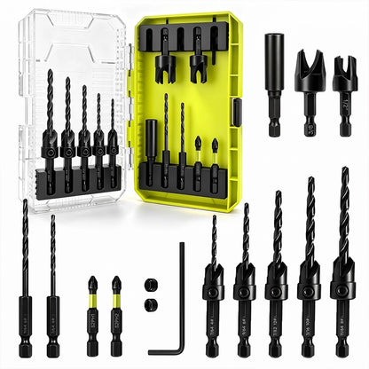 15-Piece Hex-Shank Countersink Drill Bit Set in Green Case