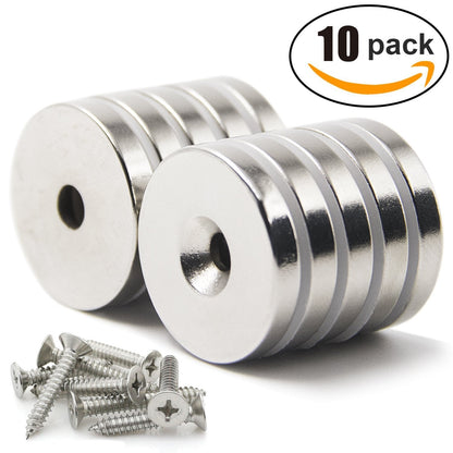 20 mm Countersunk Disc Magnets with Mounting Screws, 10-Pack
