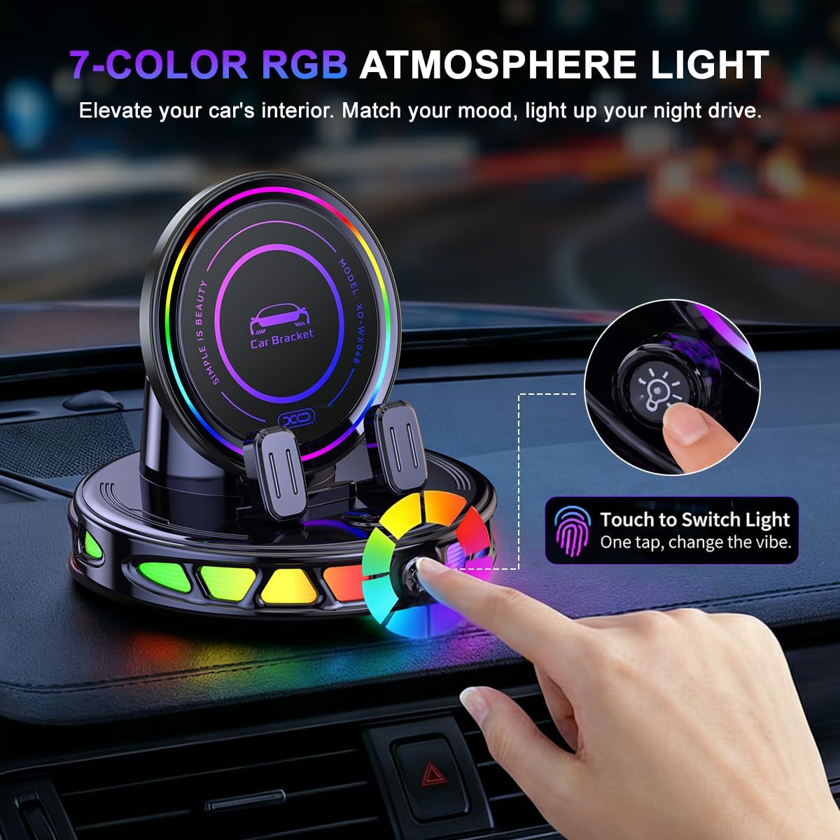 RGB Wireless Car Charger Mount, Dashboard Phone Holder