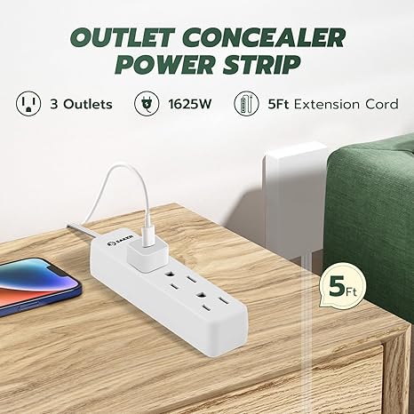 Ultra-Thin Flat Outlet Concealer Kit, Multi-Outlet Power Strip with Extension Cord