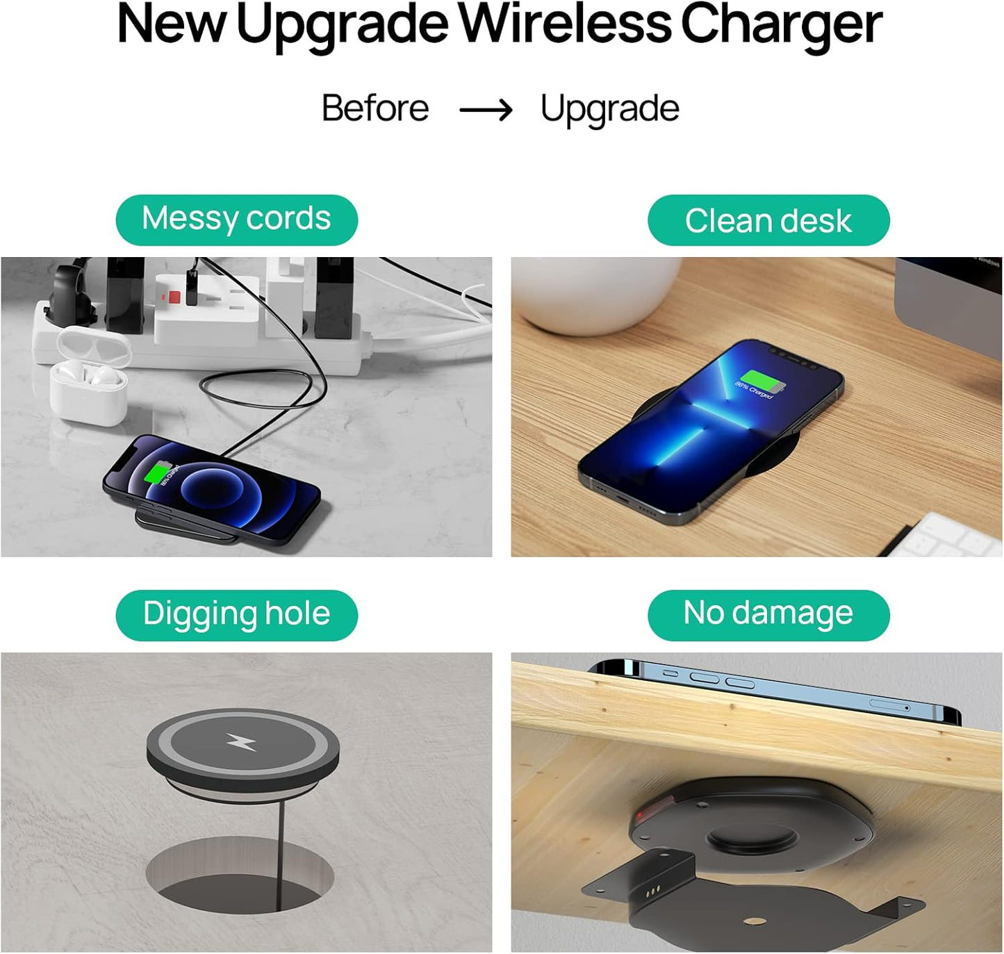 Invisible Wireless Charger Mat – 30mm Under Desk Charging Station for iPhone & Android