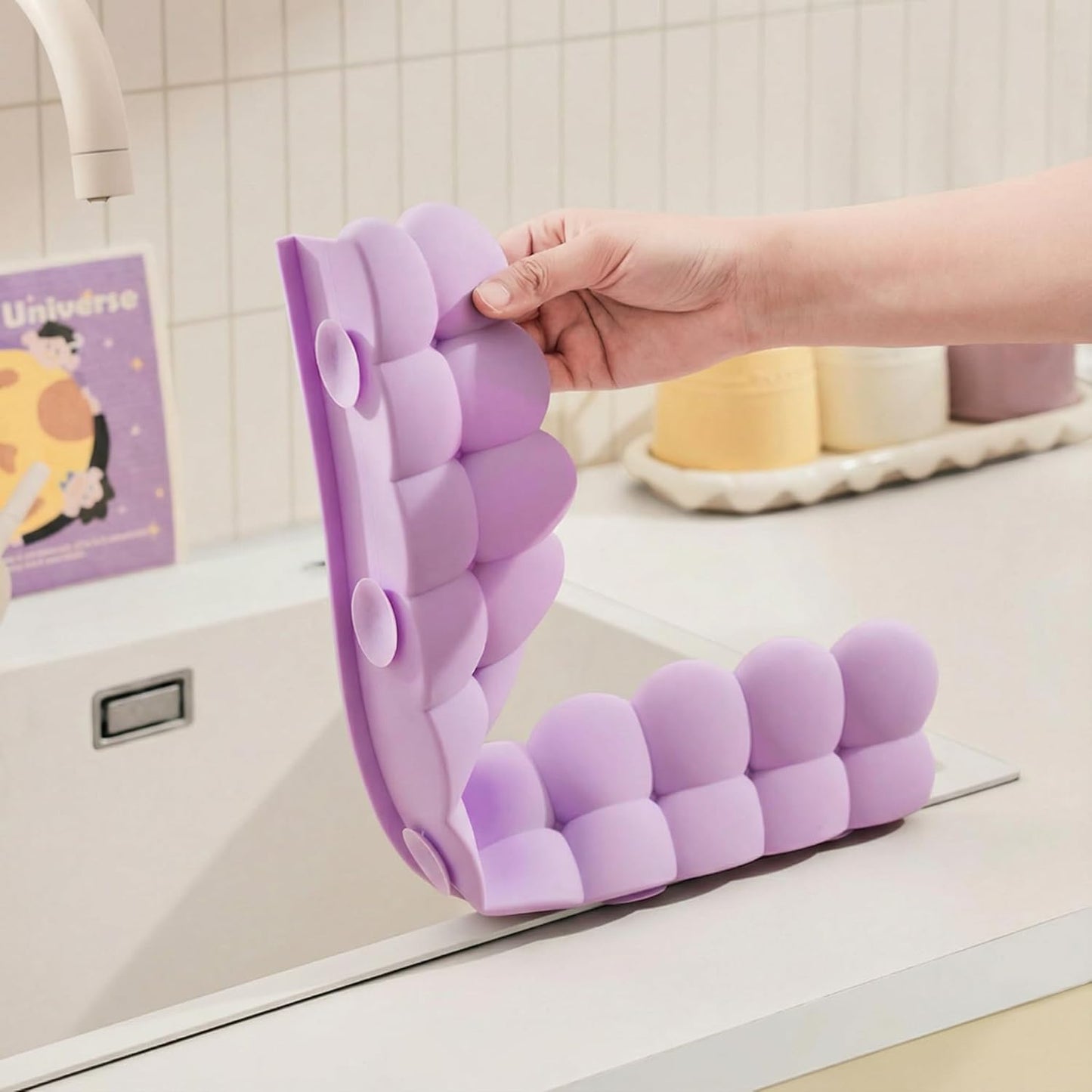 No More Wet Counters – 20” Silicone Sink Splash Guard with Strong Suction Cups