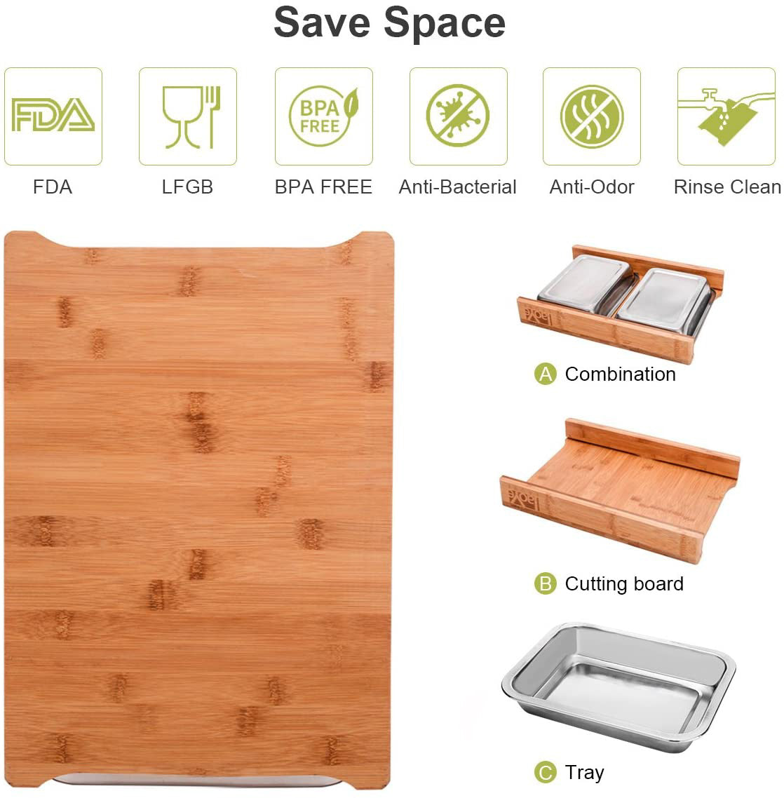 Bamboo Cutting Board with 2 Stainless Steel Trays – Beige