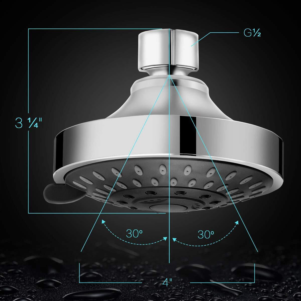 Elarohome High Pressure Shower Head 5 Settings Fixed Showerhead 4 Inch High F