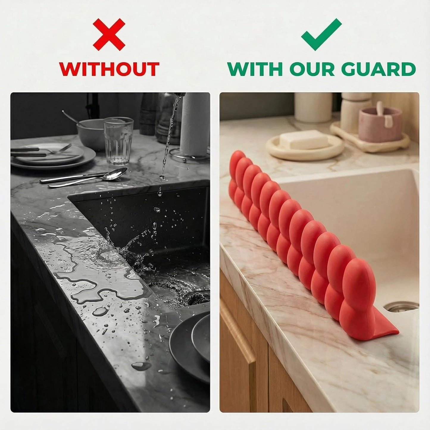 No More Wet Counters – 20” Silicone Sink Splash Guard with Strong Suction Cups