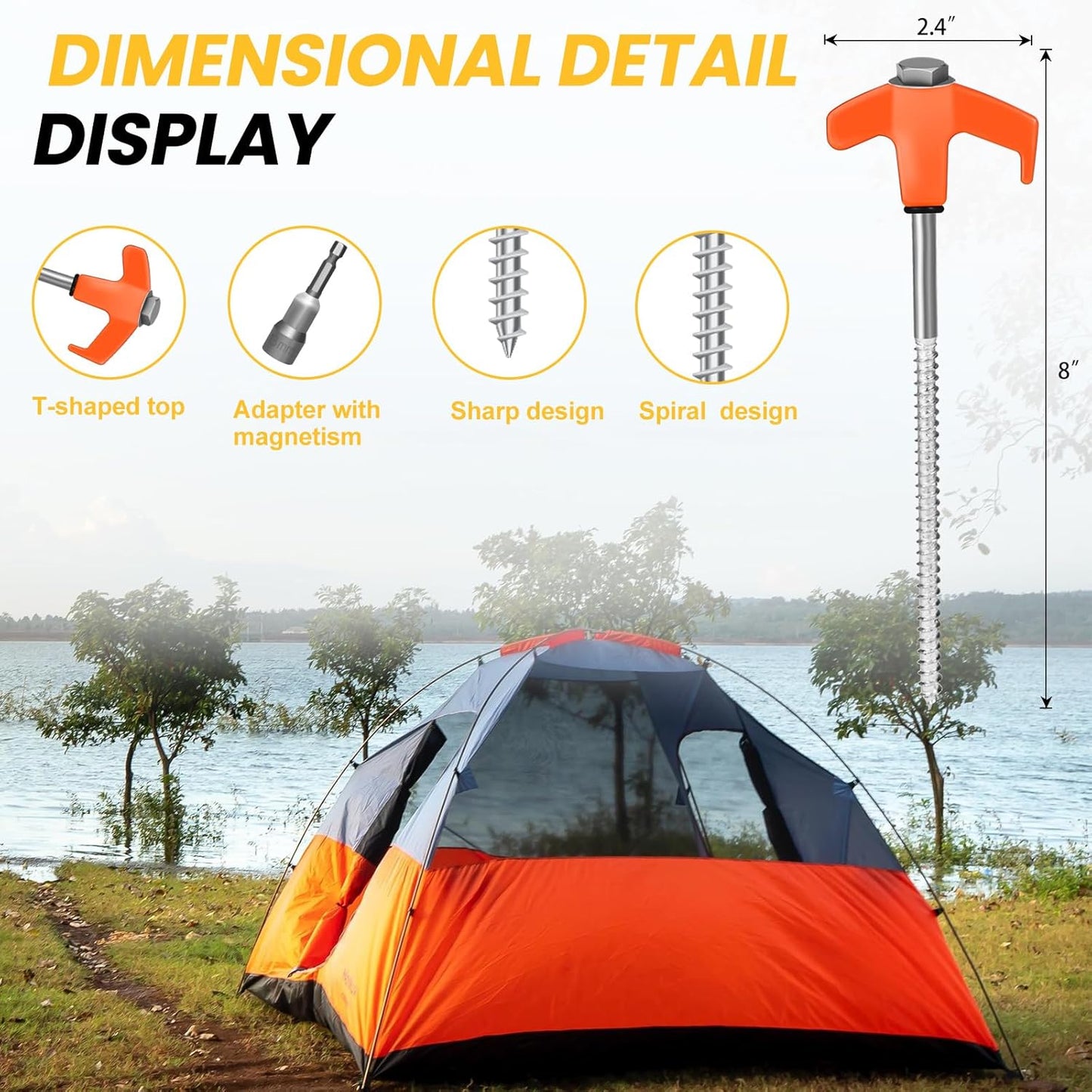 10 Pack 8” Screw in Tent Stakes Heavy Duty- Ground Anchors Screw