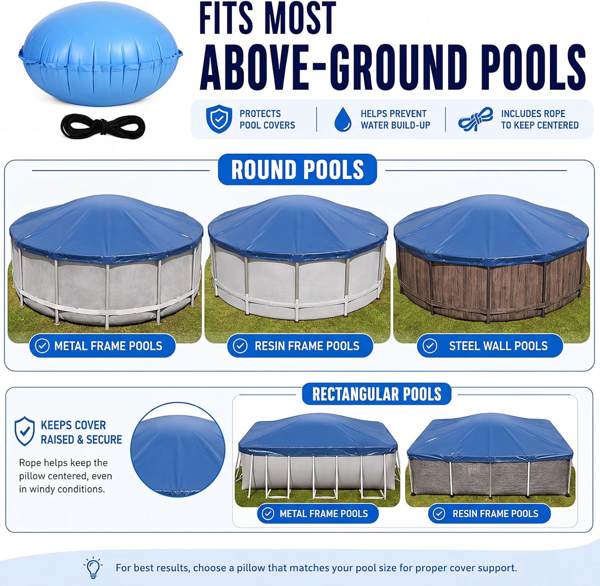Inflatable Pool Cover Air Pillow with Two 3 m Tie Ropes