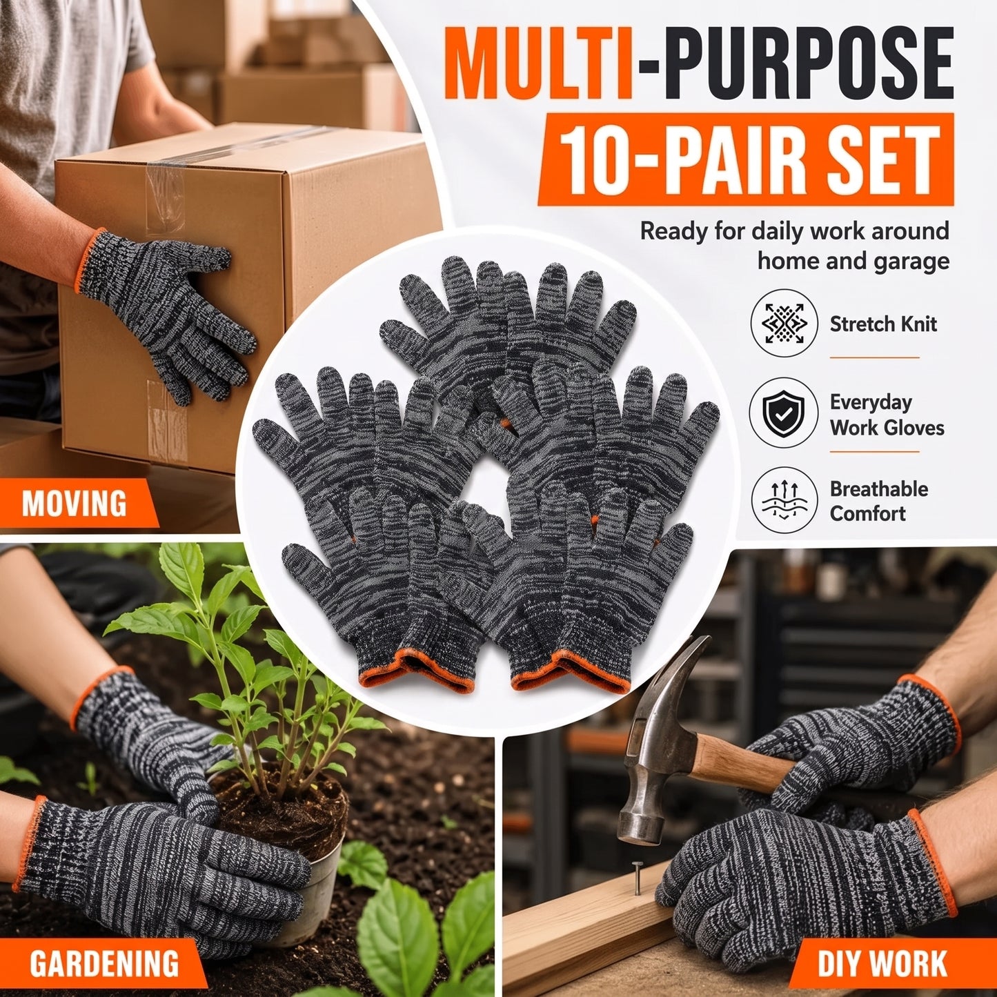10 Pairs Knitted Durable Protective Work Gloves