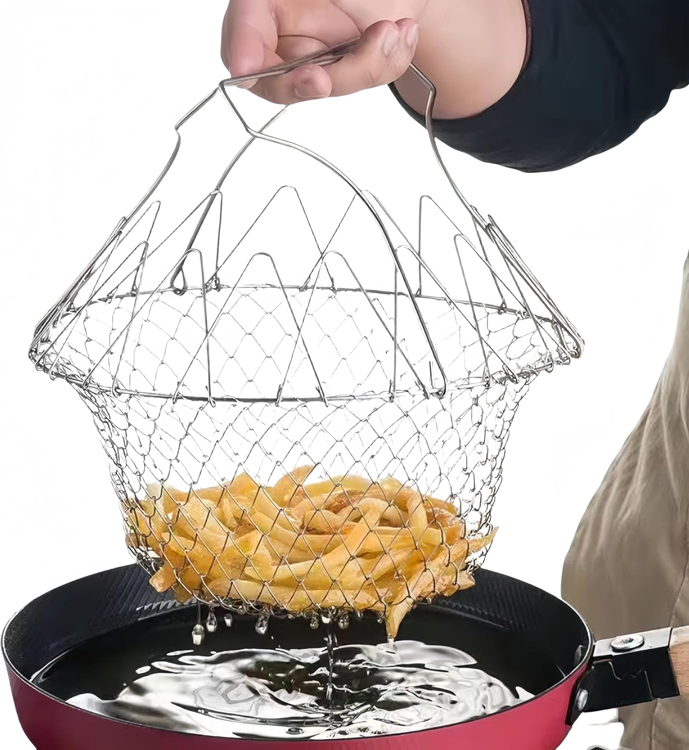 Foldable Stainless Steel Frying and Straining Basket