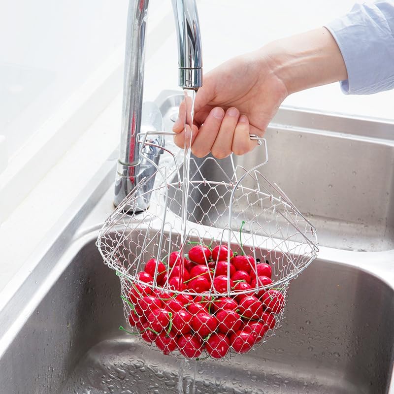 Foldable Stainless Steel Frying and Straining Basket