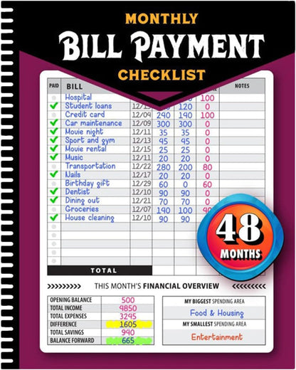 Four-Year Monthly Bill Payment Tracker Notebook