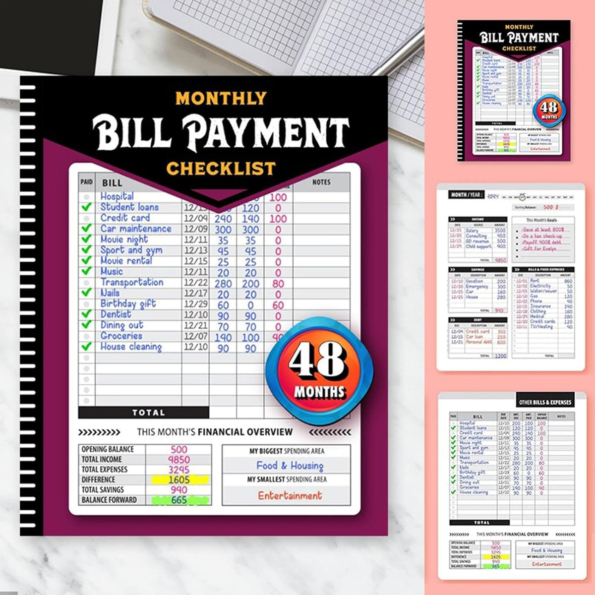 Four-Year Monthly Bill Payment Tracker Notebook