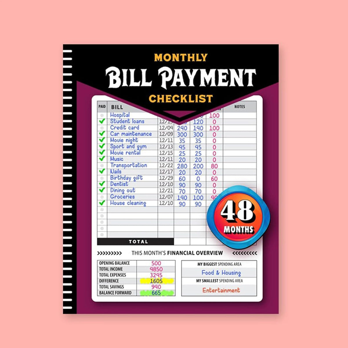 Four-Year Monthly Bill Payment Tracker Notebook