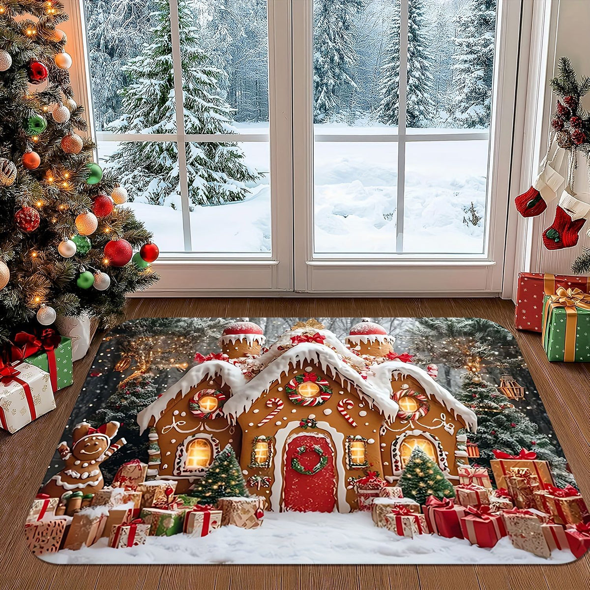 Santa Print Flannel Floor Mat with Dot-Grip Back, 50 × 80 cm