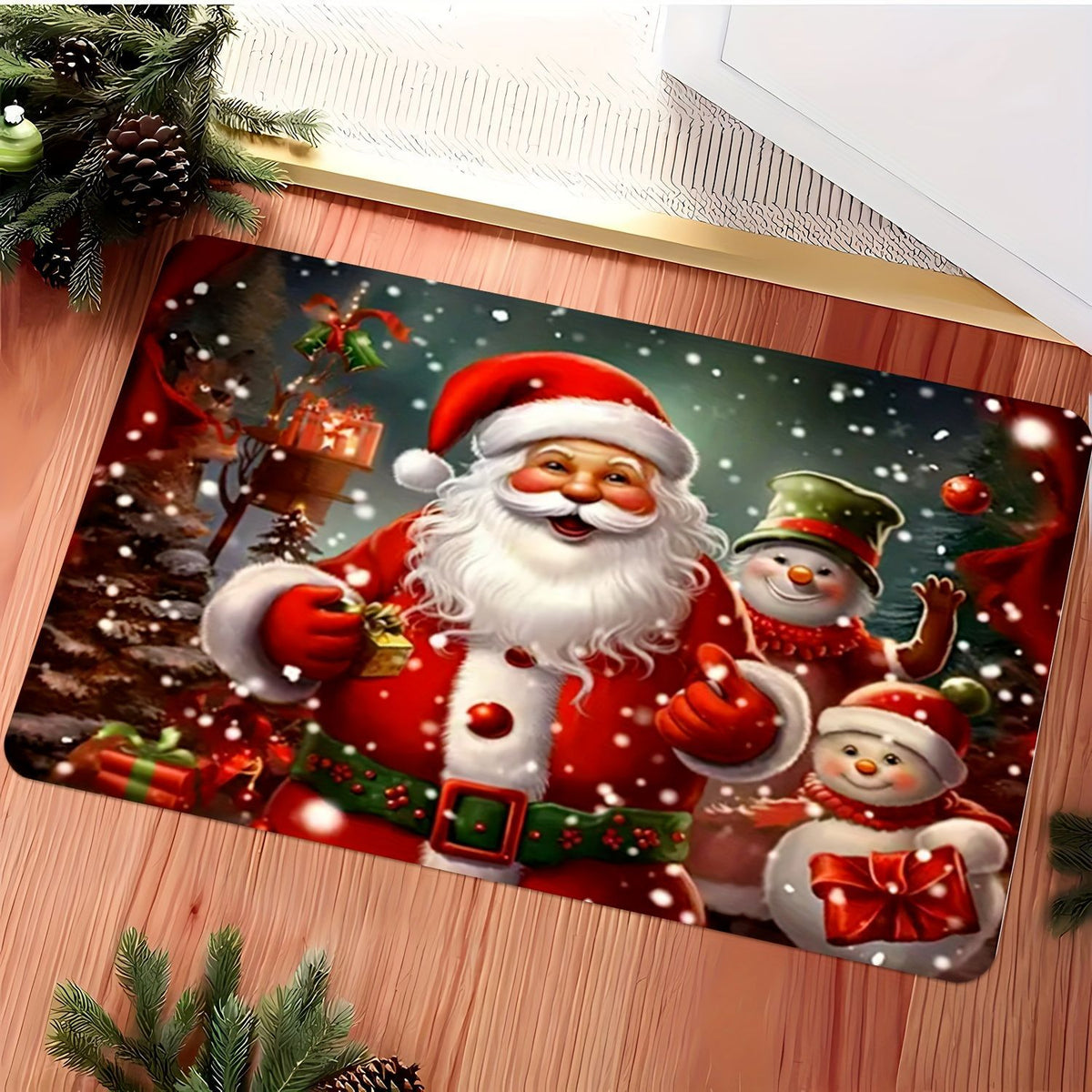 Santa Print Flannel Floor Mat with Dot-Grip Back, 50 × 80 cm